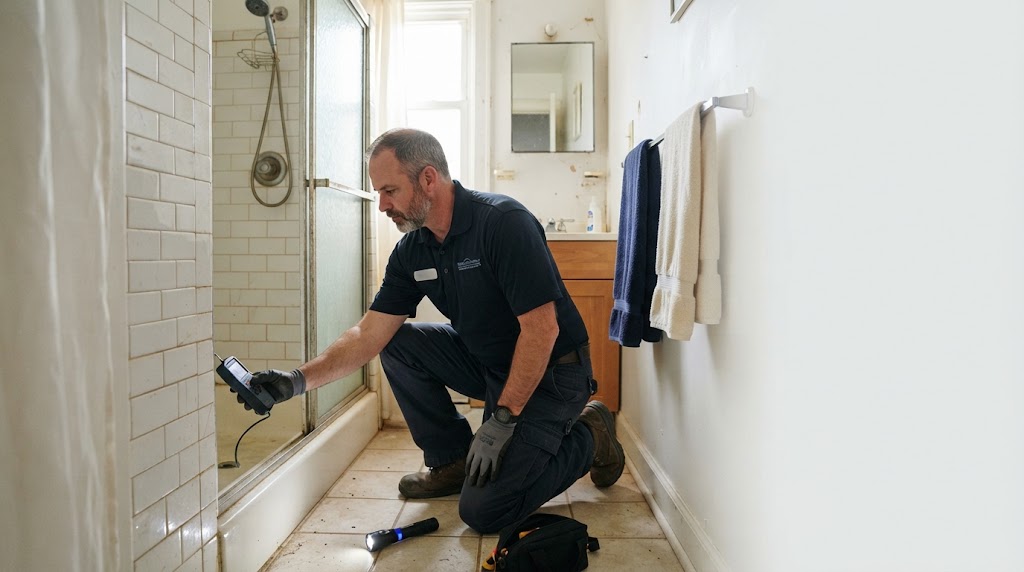 Specialist performing hidden water leak detection Middletown on a residential ceiling